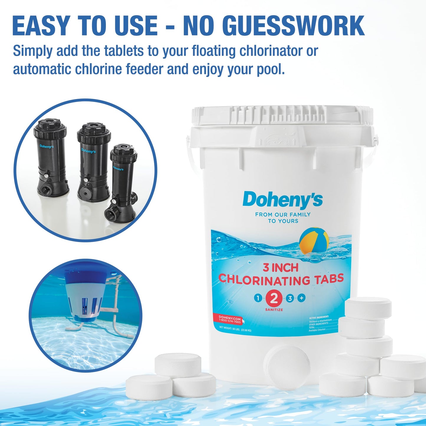 Doheny’s 3-Inch Stabilized Chlorine Tablets | 99% Pure Tri-Chlor, 90% Available Chlorine | Long-Lasting, UV-Protected, Slow-Dissolving Pool Sanitizer | Individually Wrapped, Childproof 8lb Bucket