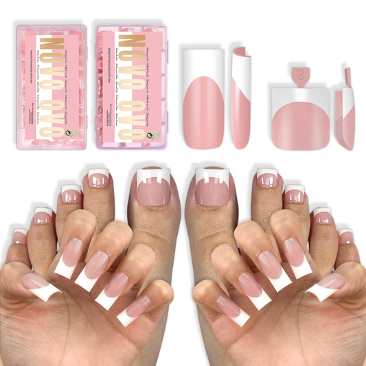 NOVO OVO Medium Sharp Square White French Tip Matching Set Nail Tips Press on BABY PINK, Including One Box of Predesigned French Tip Soft Gel x Toe Nail Tips and One Box of Finger Nail tips