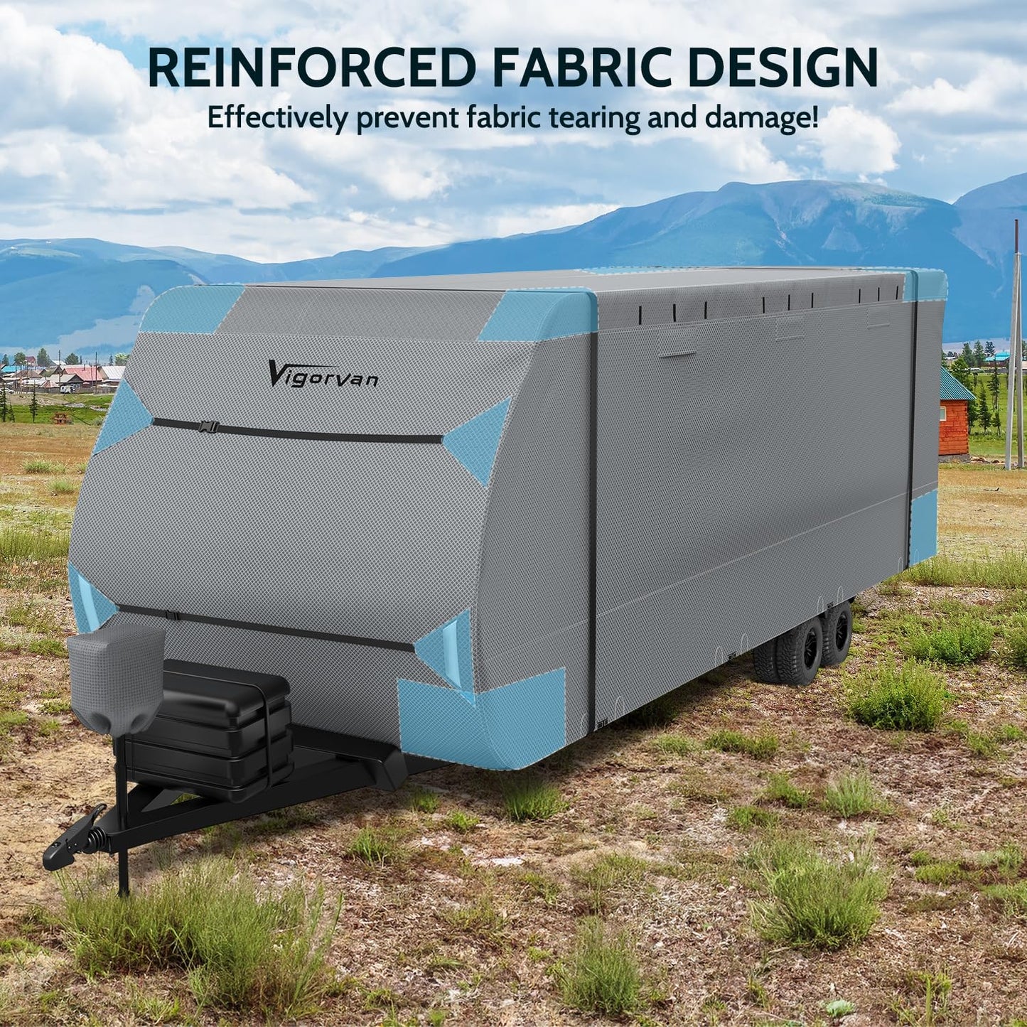 RV Cover Vigorvan Upgrad 7 Layers Top Camper Cover Windproof Travel Trailer Cover for 27-30FT RV, Toy Hauler Cover with Tongue Jack Cover, Extra Windproof Ropes, Gutter Covers