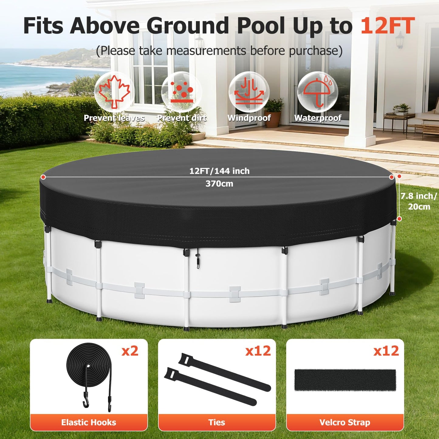 12 Ft Round Pool Cover for Metal Frame Above Ground Pools - Upgraded Windproof Design Compatible with Intex/Bestway Frame Above Ground Outdoor Swimming Pool (Black)