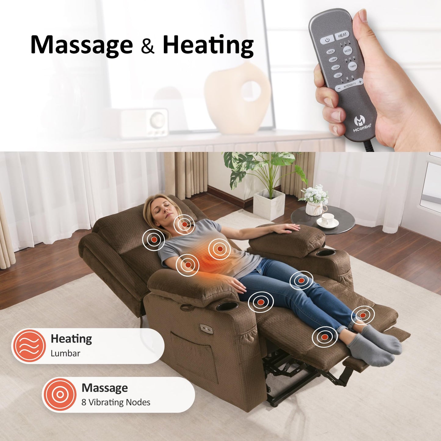 MCombo Large Triple Motor Power Lift Recliner Chair with Massage and Heat for Elderly People, Adjustable Headrest, Infinite Position, USB Ports, Fabric 7662 (Brown, Large)