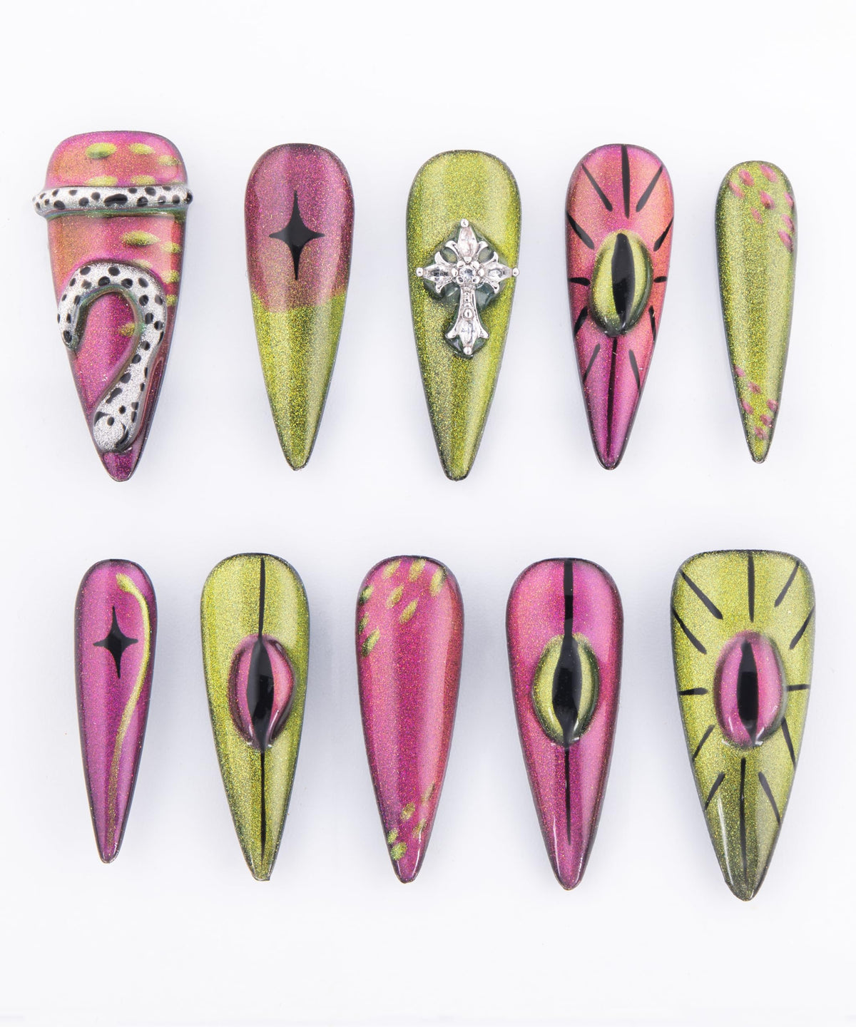 Cat Eye Nail Art Tips, Pink and Gold Glitter Design with Cross Pattern, 10 Pieces (Purple, M)