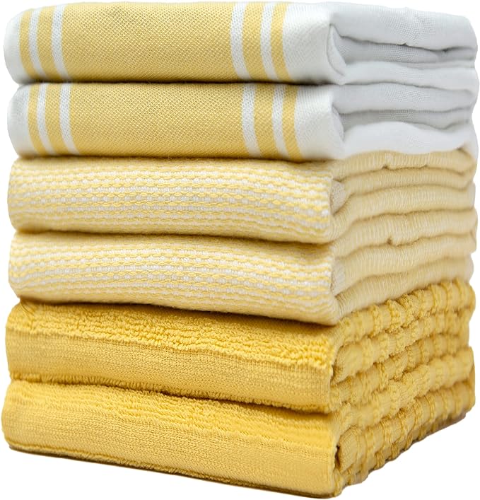 Premium Kitchen Towels (20âx 28â, 6 Pack) | Large Cotton Dish Towels | Flat & Terry Highly Absorbent Kitchen Linen Set with Hanging Loop | Wide Stripe Yellow