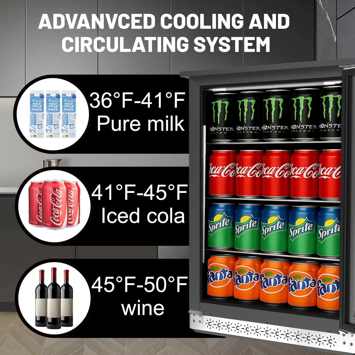 ChillFoce 20 Inch Under Counter Beverage Fridge with Glass Door, Beverage Refrigerator Cooler 120 Can,Built in or Freestanding,Fast Cooling,Quiet ≤39 dBs,Blue LED Light Cooler for Bar, Home, Office