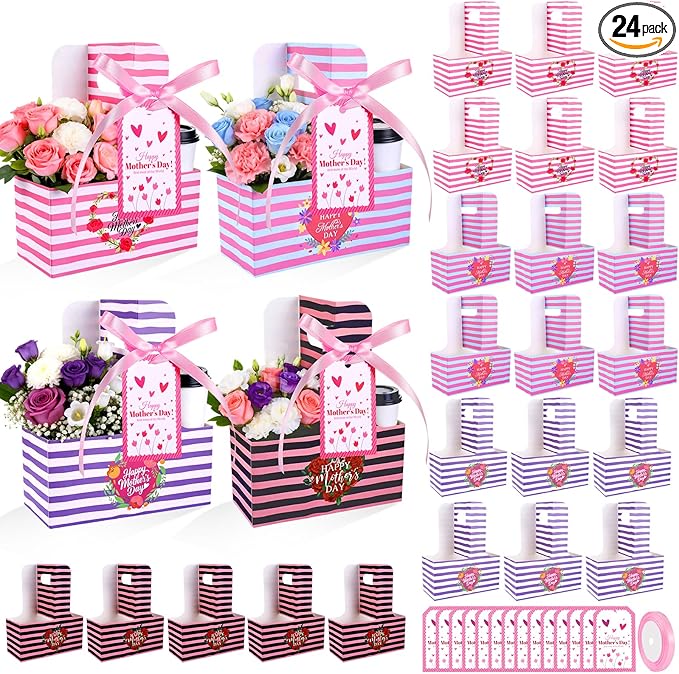 24 Pcs Mothers Day Drink Carrier Mother Gift 2 Cup Drink Carriers with Tag Handle Mother's Day Cup Carriers Disposable Cardboard Cup Holders for Hot Cold Drinks Coffee Mom Gifts from Daughter Son