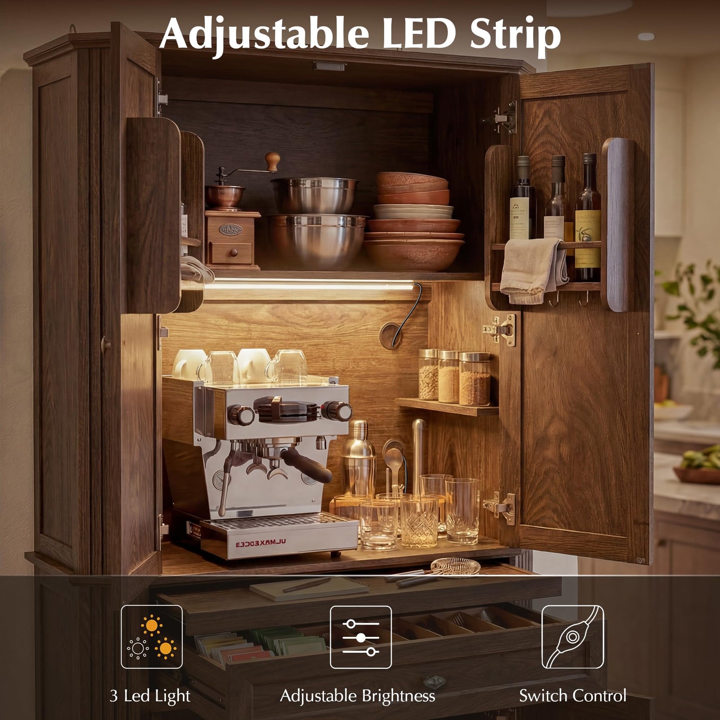 AMBERHAUS 72.2" Tall Kitchen Pantry Storage Cabinet with Doors, Farmhouse Storage Cabinet with Drawers, Adjustable Shelves and Pull-Out Shelves, Walnut Wood Pantry Cupboard for Kitchen, Dining Room