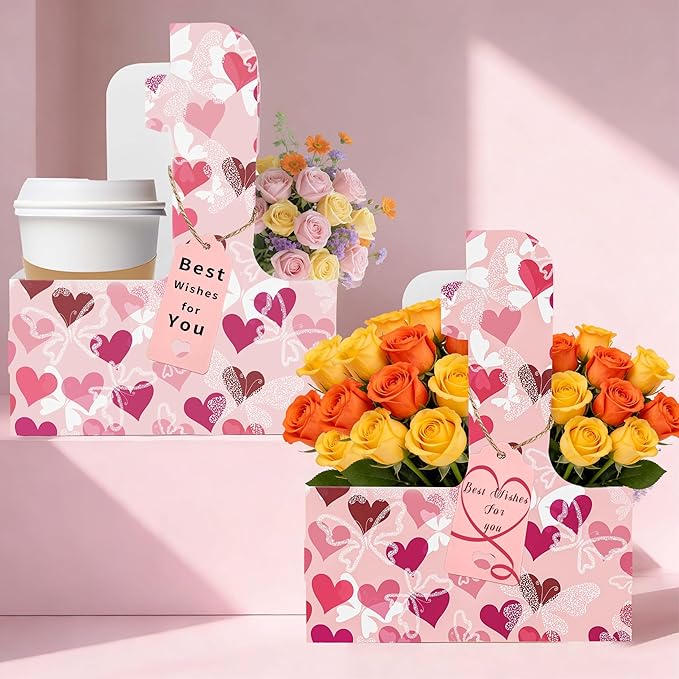32 Set Drink Carrier,Cardboard Cup Holder with Love, Coffee Cup Holder with Handle,Coffee Carrier with Greeting Card and Ribbon for Valentine's Day Gifts Party Gift,Pink