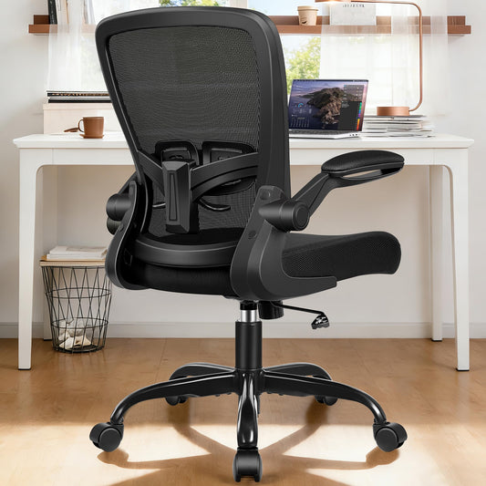 Ergonomic Office Chair 2026 - Mesh Desk Chair with Flip-up Armrests, Adjustable Height and Lumbar, 360° Swivel Comfortable Computer Chairs for Home, Conference Room, Reception, Max 350lbs, Black