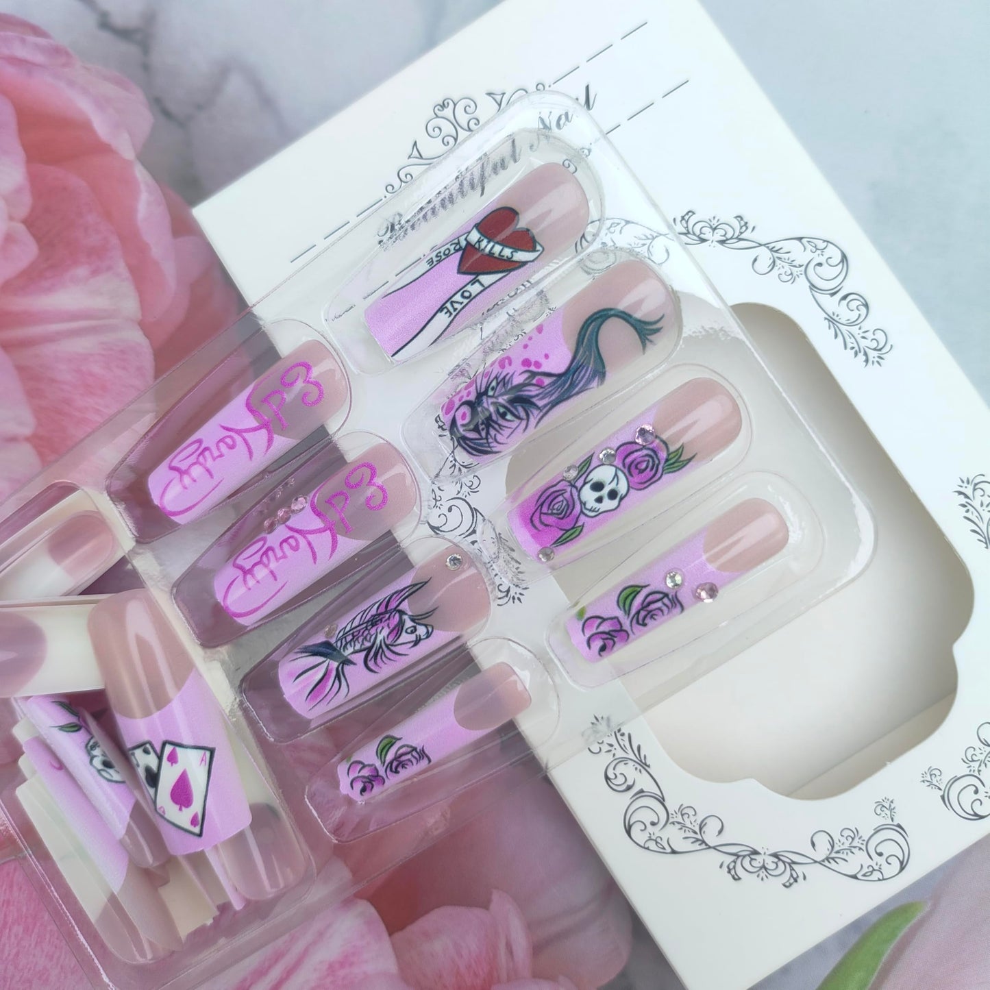 24Pcs Pink French Tip Press on Nails Long Coffin Fake Nails with Hand-drawn Koi Rose Skull Design Y2K Glue on Nails Manga Style False Nails Handmade Full Cover Stick on Nails for Women Manicure Decor