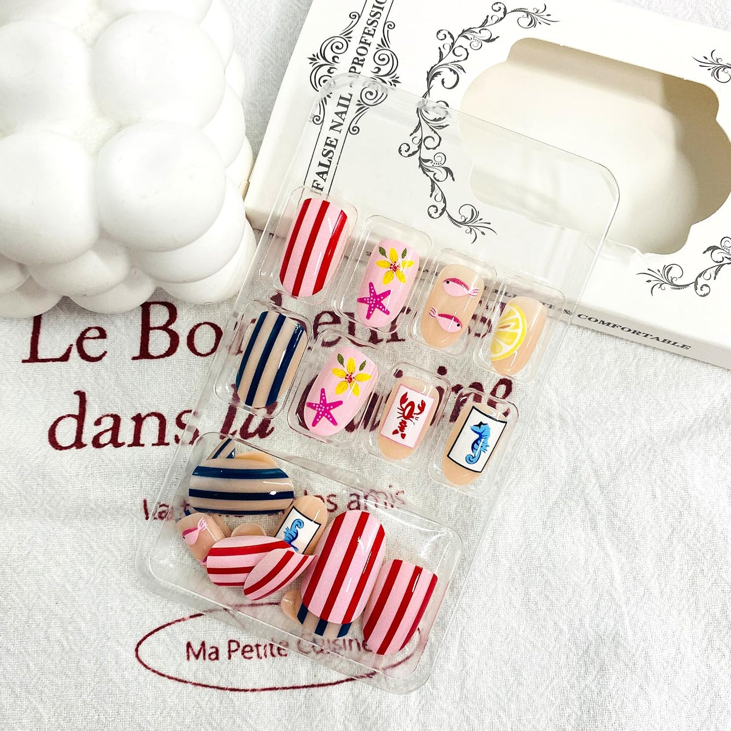 Flowers Press on Nails Flowers Medium Almond False Nails with Starfish Stripe Fish Seahorse Design Full Cover Glue on Nail Summer Ocean Reusable Acrylic Fake Nails Artificial Stick on Nail for Women