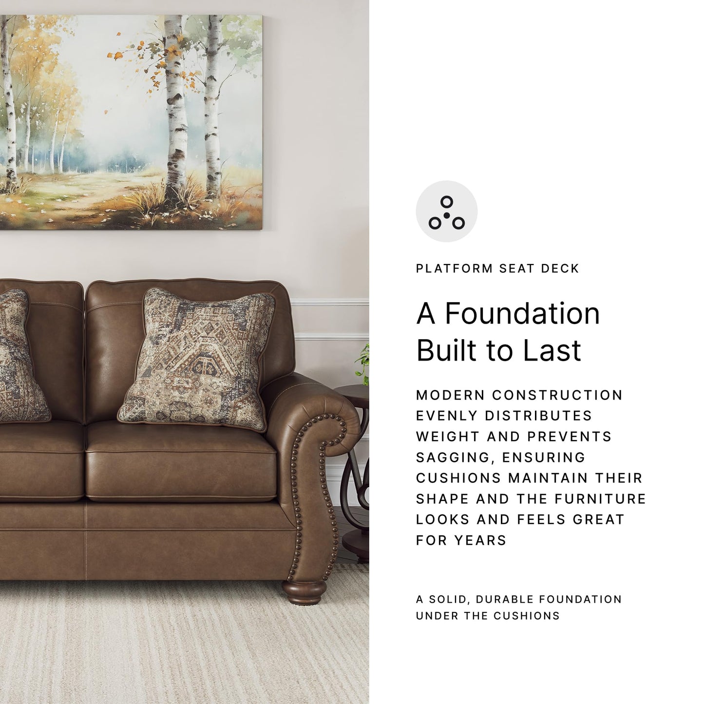 Signature Design by Ashley Shadsburne Rustic Faux Leather Loveseat with Nailhead Trim and 2 Throw Pillows, Brown
