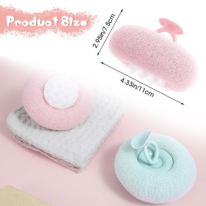Ptwola 2 Pcs Soft Sunflower Suction Cup Bath Ball Bath Body Brush Exfoliating Mesh Bath Sponge Cleaning Scrubber Bath Sponge Brush with Comfortable Non-Slip Handle (Blue + Purple)