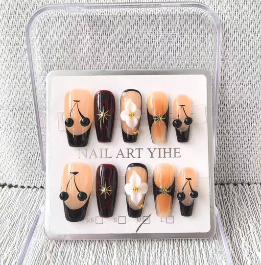 Handmade Press on Nails Coffin Medium Fake Nails Black French Tip with 3D Flower Cherry Designs luxury Charm Glossy Cute Acrylic Nails for Women 10pcs (Size M）