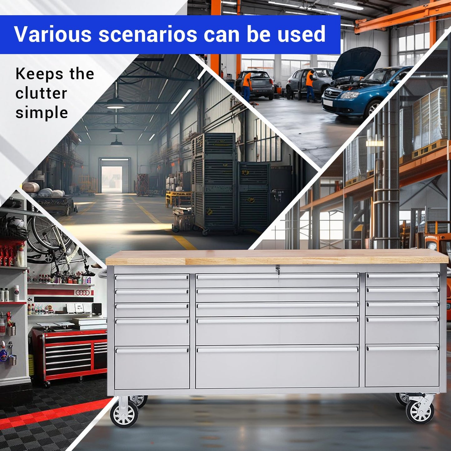 CHETTO C 72 inch Tool Chest Tool Box Mobile 15 Drawers Storage Rolling Cabinet with Wheels Lock Key Locking System Drawer Liners for Garage Warehouse Repair Shop