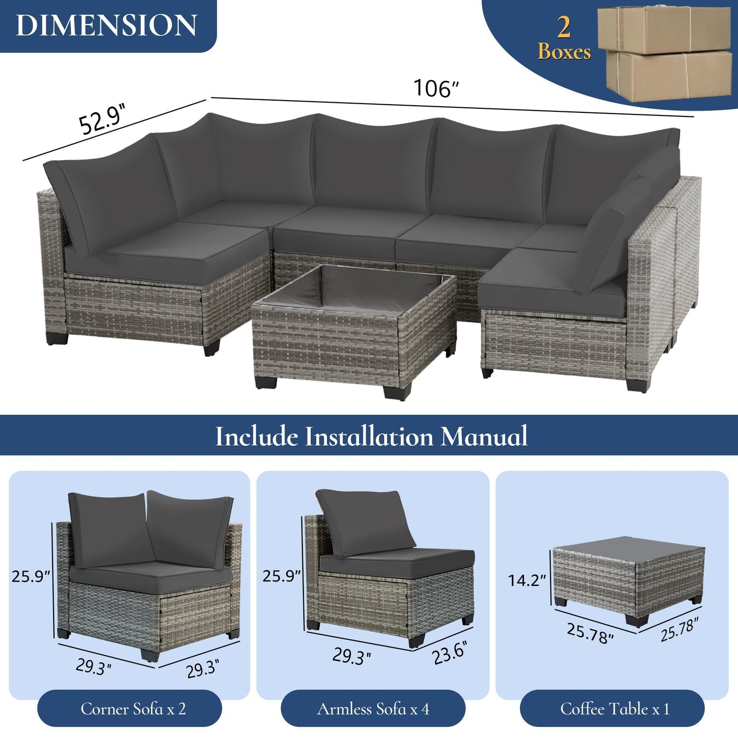 FHFO 7 Pieces Outdoor Patio Furniture Set, Outdoor Conversation Sets Wicker Sectional Couch Rattan Sofa with Thick Cushions & Coffee Table for Garden, Balcony, Backyard, Grey-Grey