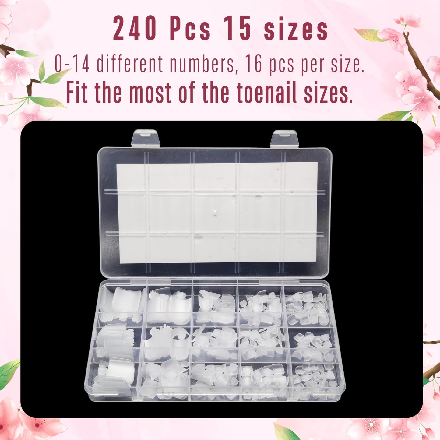 NOVO OVO Sharp Square Toe Nail Tips Press on Full cover, Soft Gel False Toenail Extension Kit, Pre-etched Clear Double Matte Fake Longtoes Claw for Salon DIY Acrylic Pedicure x 15 Sizes 240 Pcs