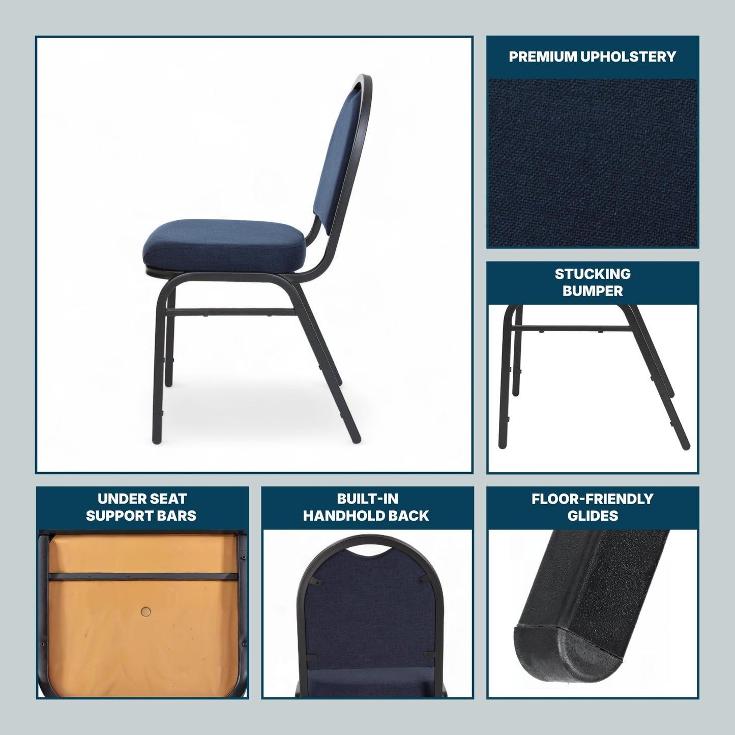 OEF Furnishings OEF9200F Series Dome Back Upholstered Stackable Banquet Chairs Premium Commercial Seating (2 Pack, Fabric, Midnight Blue, Black Santex Frame)