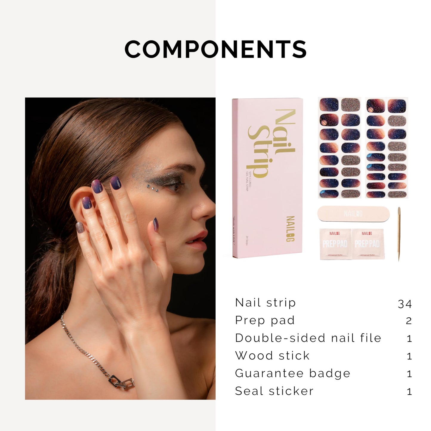 NAILOG Semi Cured Gel Nail Strips 34 pcs| Buy 2 Get 1 UV Lamp | Long Lasting Nail Polish Sticker Wraps with Glossy Gel Finish, Milky Way