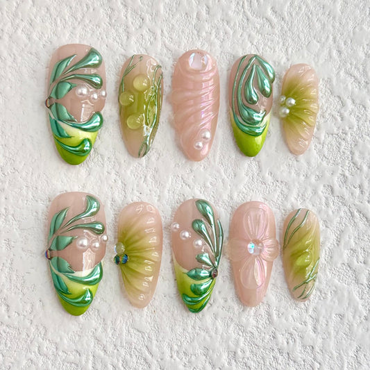 OFDNE Luxury Press On Nails Medium Almond Handmade 3D Unique Reusable ABS Material False Nails Green with Designs Pearls Floral Art Petal Glossy Glue on Nails Thick Acrylic Nails (10 Pieces, 1 Set)