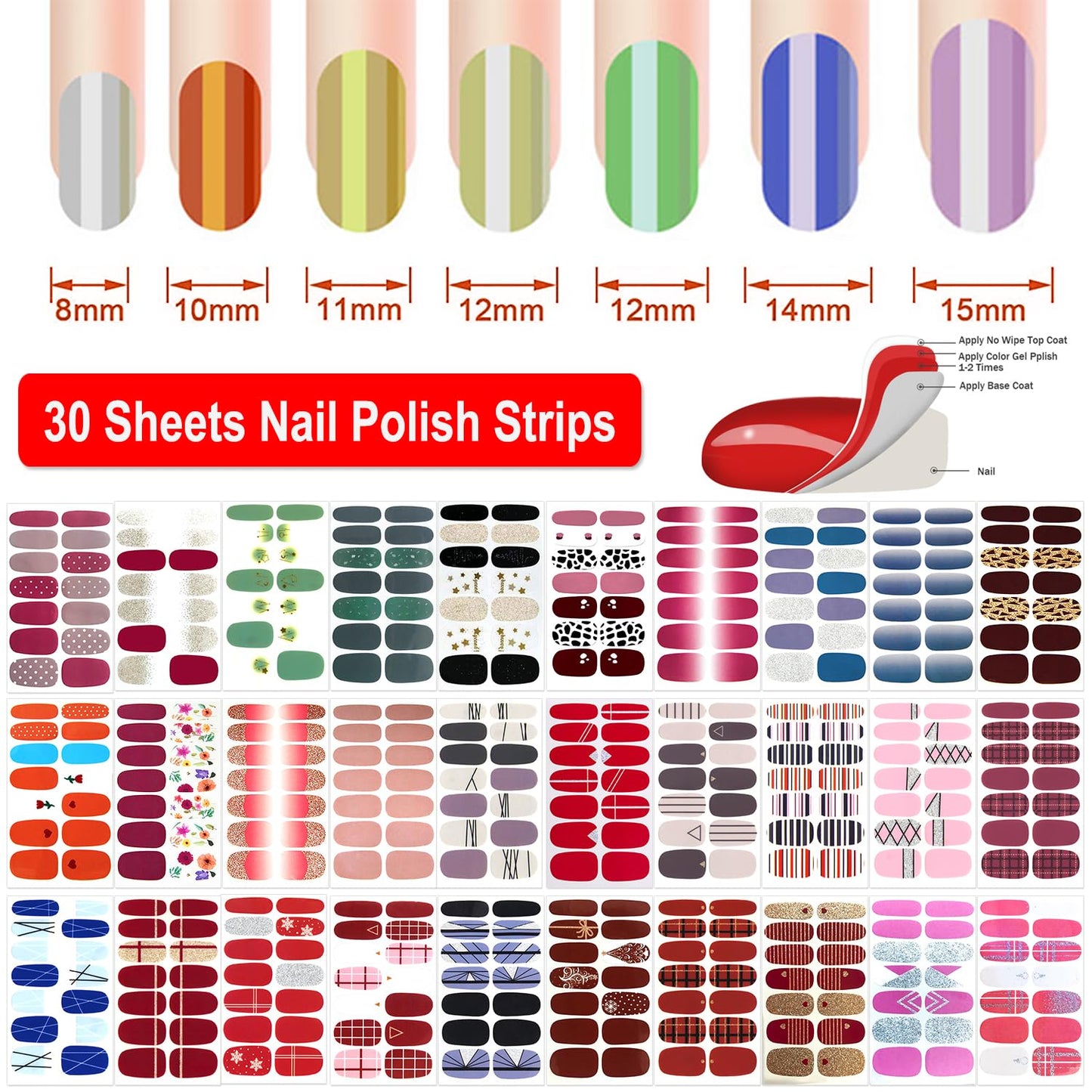 DANNEASY 30 Sheets Solid Color Nail Wraps Glitter Nail Polish Stickers Self Adhesive Nail Stickers Nail Polish Strips for Women Girl Nail Accessories with Nail File