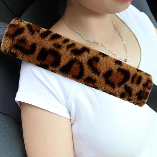 Amooca Soft Faux Fur Universal Fit Seatbelt Cover Car Truck SUV Airplane Seat Belt Shoulder Pad for Carmera Backpack Straps Neck Cushion Protector 2 Pack 10.5in Brown Leopard