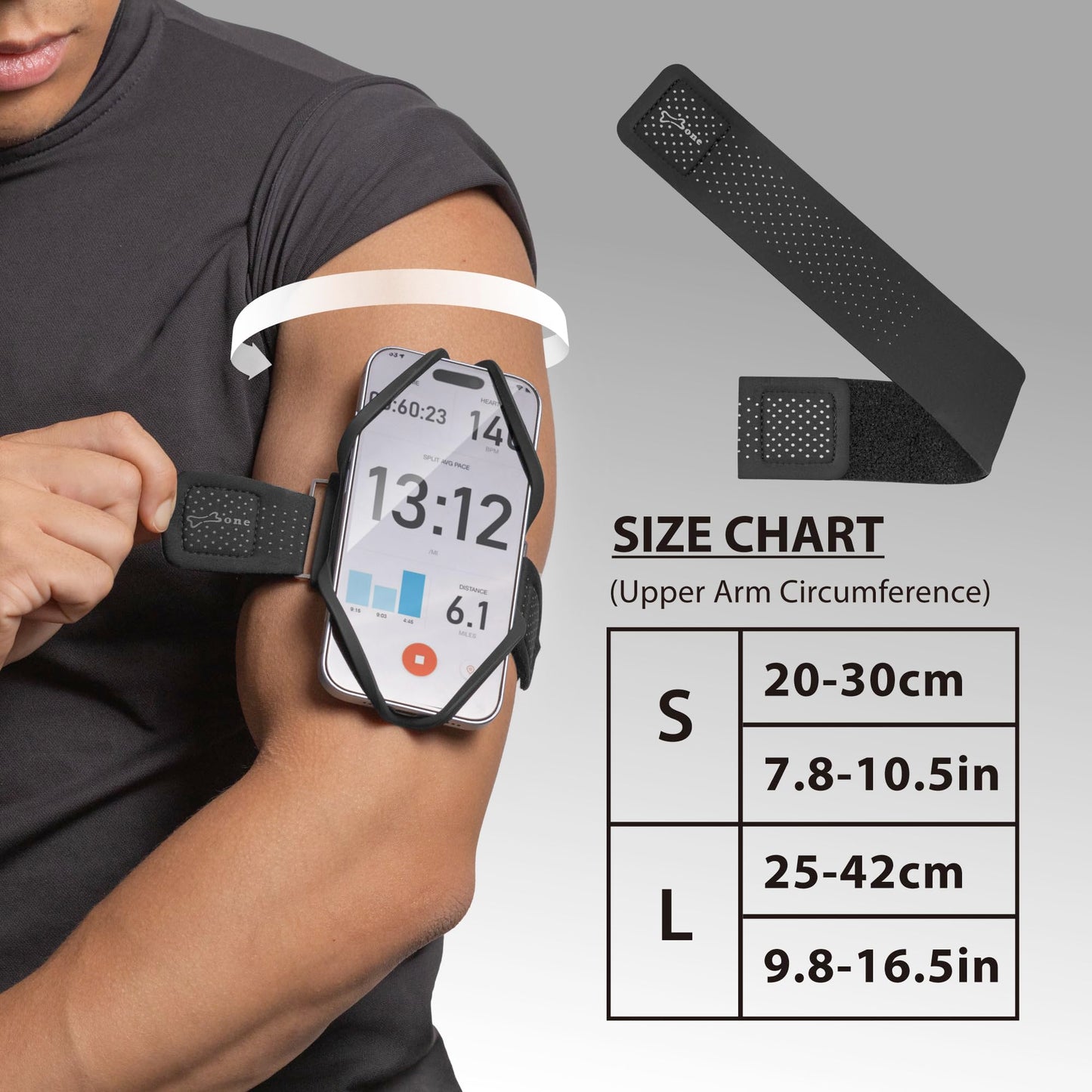 BONE Run Tie 3, Running Phone Armband, Skin-Friendly Silicone Sport Armband with Dual Layer Structure for Heat-Dissipation, Workout Phone Holder for iPhone and 4-7"-7.2"" Smartphones (Size L)"