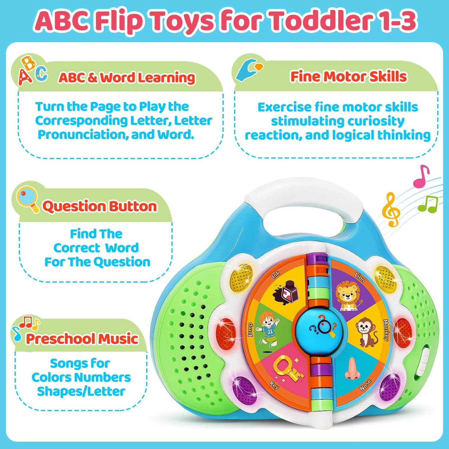 Musical Toddler Learning Toy, Alphabet Flip Book with Lights & Sounds, Car Seat Travel Toy for 1 2 3 Year Old Boys Girls, Interactive ABC Educational Toy for Daycare Classroom, Christmas Birthday Gift