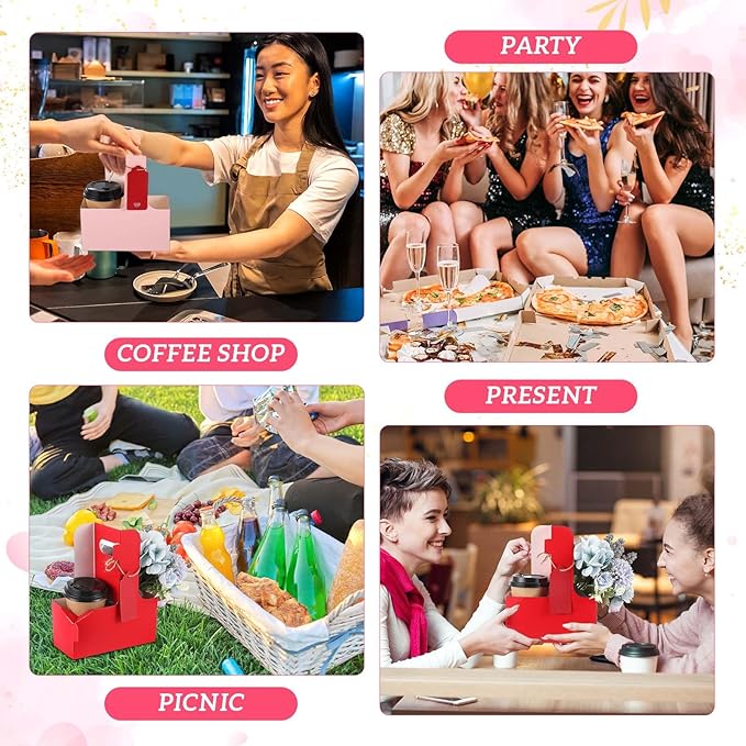 MotiMind 20 Pack Mother's Day 2 Cup Drink Carrier with Handle, Kraft Paperboard Teacher Cup Holder Portable for Hot Cold Drinks, Coffee Carrier Gift with Heart Card Rope (Red,Pink)