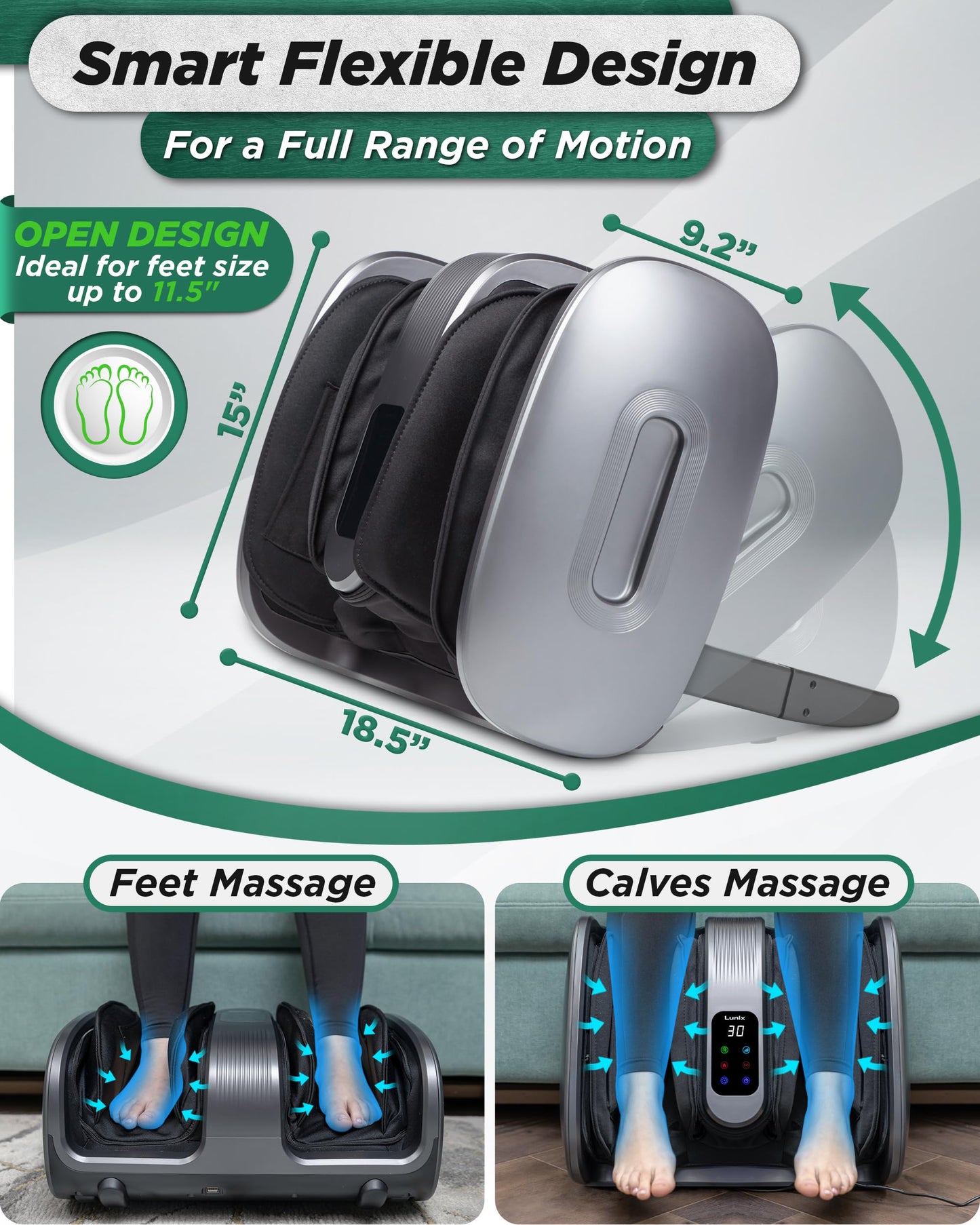 Lunix LX20 FSA Foot Massager for Pain Relief and Circulation, Foot and Calf Shiatsu Massager for Plantar Fasciitis and Neuropathy with Heat, Ankle Therapy Device