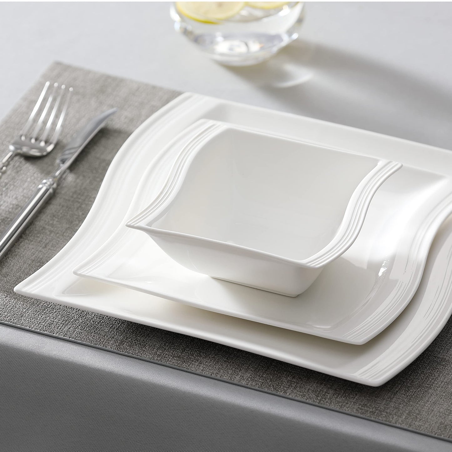 MALACASA Plates and Bowls Sets, 26 Pieces Ivory White Porcelain Dinnerware Sets without Mugs, Square Dinnerware with Dinner Plates, Bowls and Serving Platters, Modern Dish Set for 6, Series Flora