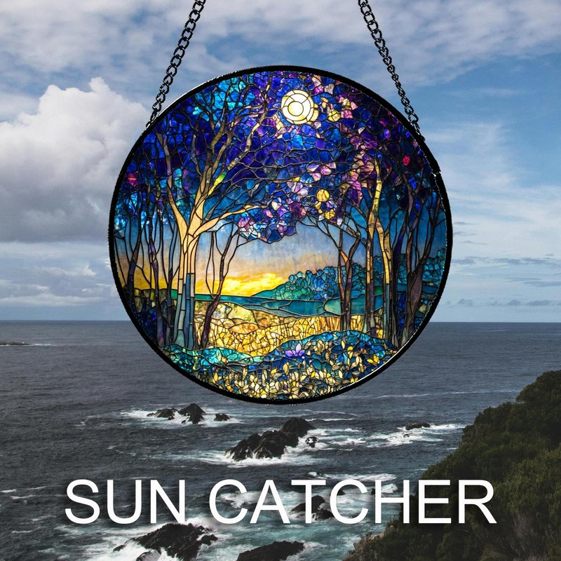 QZQCBLC Stained Glass Window Hanging Blue Purple Forest Trees Landscape Moon Large 15" - Suncatcher Door Garden Sun Catcher Home Decor Birthday Christmas for Mom Men Woman Nana