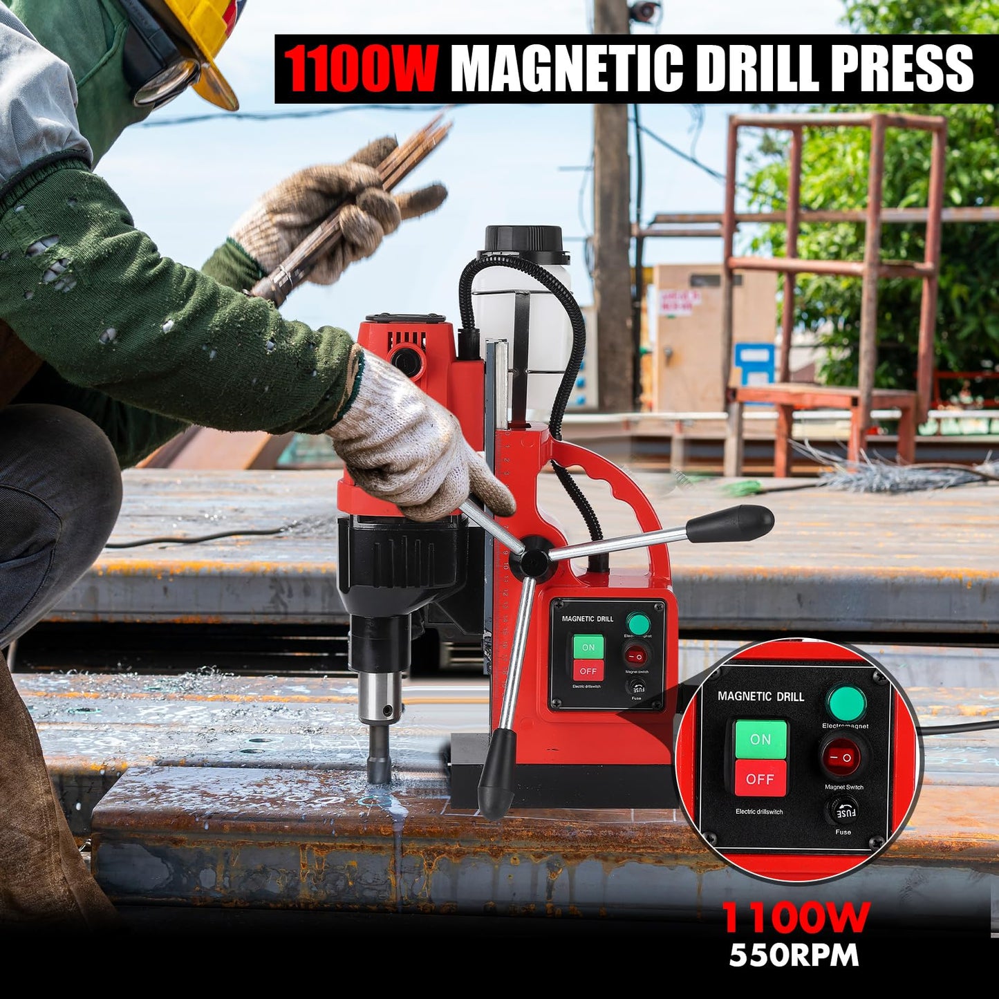 COZONY Mag Drill Press, 1100W 550RPM Portable Magnetic Drill Press, Magnetic Core Electric Drilling Machine for Metal Working,14Pcs Annular Cutters Drilling Bits，Red