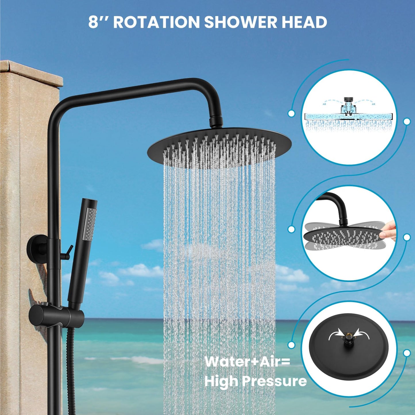 gotonovo Outdoor Shower Fixtures SUS304 Stainless Steel Rain Shower Kit Faucet High Pressure Wall Mount 2 Dual Function 8 Inch Showerhead and Handheld Spray Combo, Single Handle, Matte Black