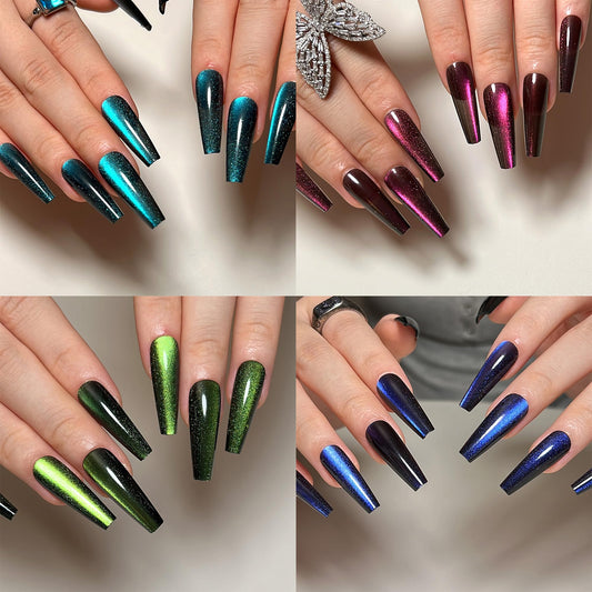 KKUUOO 4 Pack Press on Nails, Long Coffin Fake Nails, Gradient & Glitter Design False Nails, Full Cover Glossy Acrylic Nails, Stick on Nails for Women Girls, 96 Pieces 12 Sizes