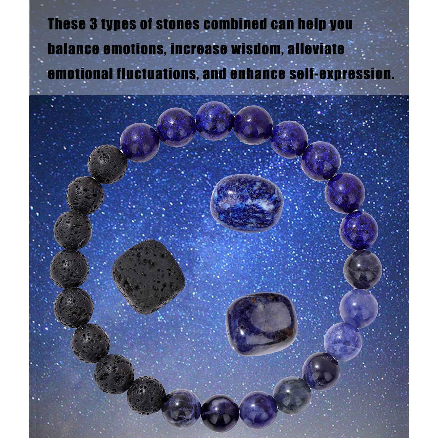 GolbalJew Natural Stone Beads Bracelet With Healing Stones Crystal Beginner Gift Set of 4 for Emotional Balance, Blue Lapis Lazuli, Lava Rock, Sodalite, Apatite, Turquoise, Amazonite, Obsidian, Hematite, Tiger's eye Palm Stones