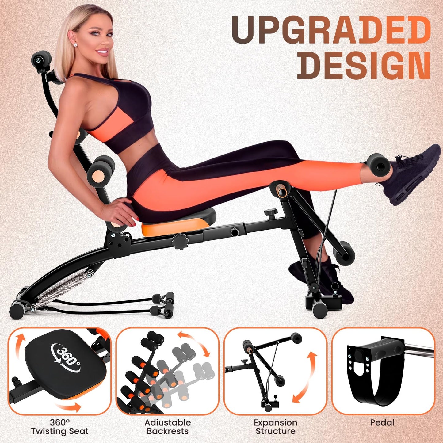 6 in 1 Ab Workout Bench for Home Gym, Adjustable Ab Workout Machine with Headrest 360° Twisting Seat Pedal Multi-Functional Adjustable Weight Bench Equipment for Total Body Work Out Black