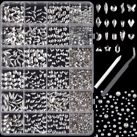 TEEKME 24-Grid Glass Nail Rhinestones Kit for Nail Art & Salon, 2800+pcs Clear Flat Back Crystals, 18 Shapes & 6 Sizes Diamonds for DIY, Acrylic & Gel Nails, with Tweezers