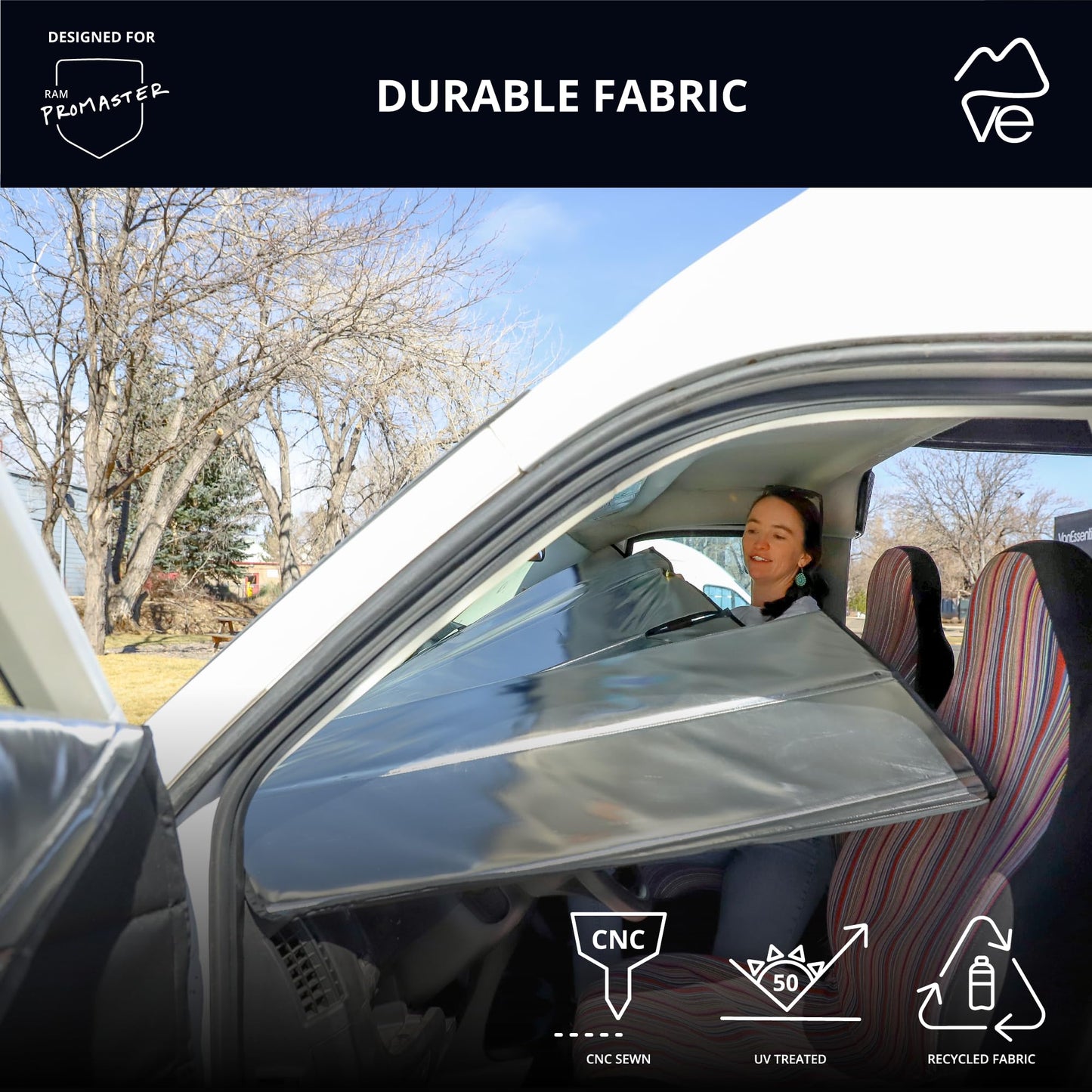 VanEssential Insulated Reflective Blackout Front Windshield Cover Designed for RAM Promaster Van Years 2014 to Current Model - Black Reflective