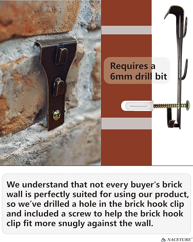 NACETURE Brick Hook Clips, 4-Pack — for 2.25"–2.40" Brick Height Only, Requires ≥1/8" Recessed Mortar — No-Drill Metal Brick Hangers, Supports Up to 25 lb (When Properly Installed)