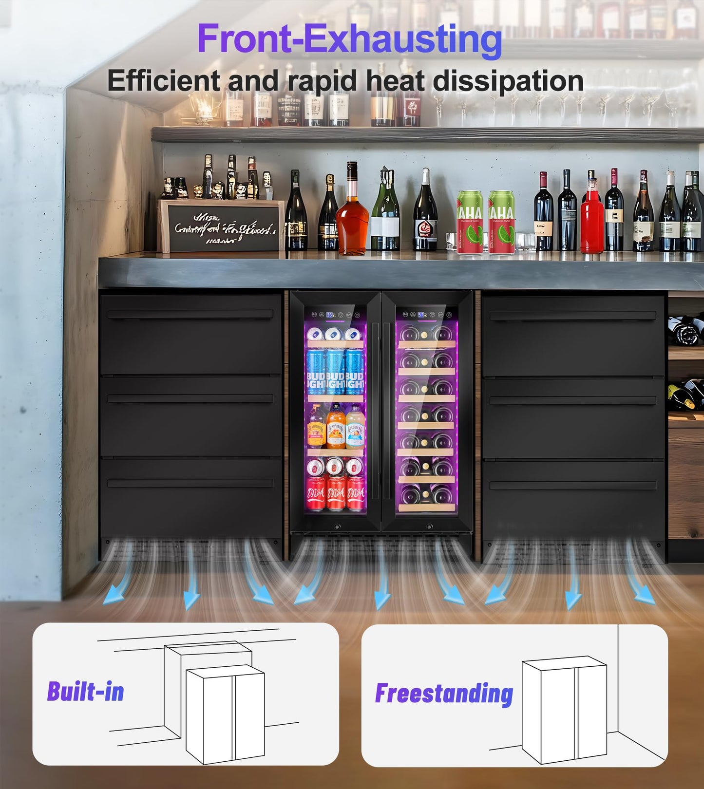 RLPI 24'' Wine and Beverage Refrigerator, 4.2 Cu. Ft. Dual Zone Wine Fridge with RGB Lights French Door Intelligent Control Advanced Compressor Under Counter Cooler for Outdoor Kitchen Bar Gift Black
