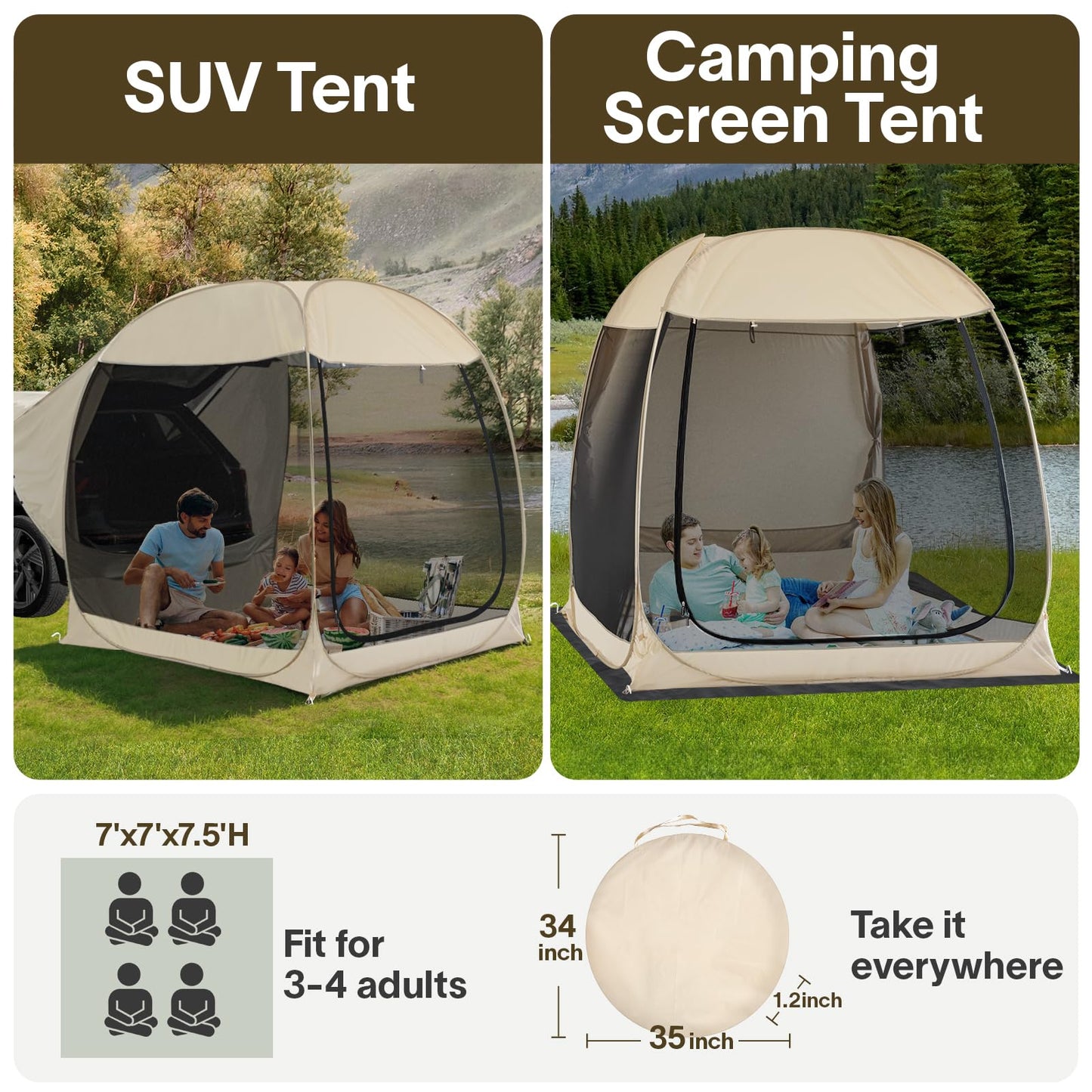 Alvantor® Pop Up Screen House, 4 in 1 Outdoor Camping Tent,7'x7' Screen Room with Mosquito Netting, SUV Tent with Carry Bag, Instant UV Resistant Sun Shelter for Garden, Patio, Backyard