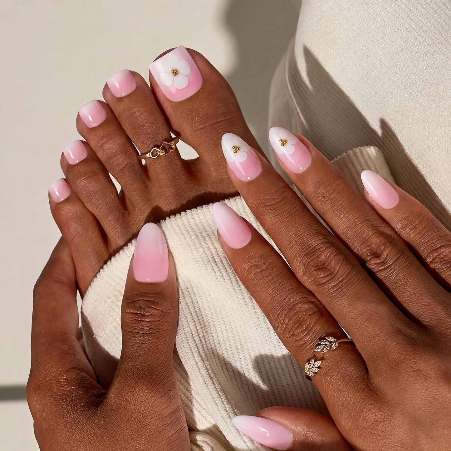 BTArtbox Press On Nails Short - Orchard Burst, Easy-to-Apply Omber Pink Almond Press On Nails with Glue and Adhesive Tabs in 16 Sizes - 32 Nails All-in-One Kit