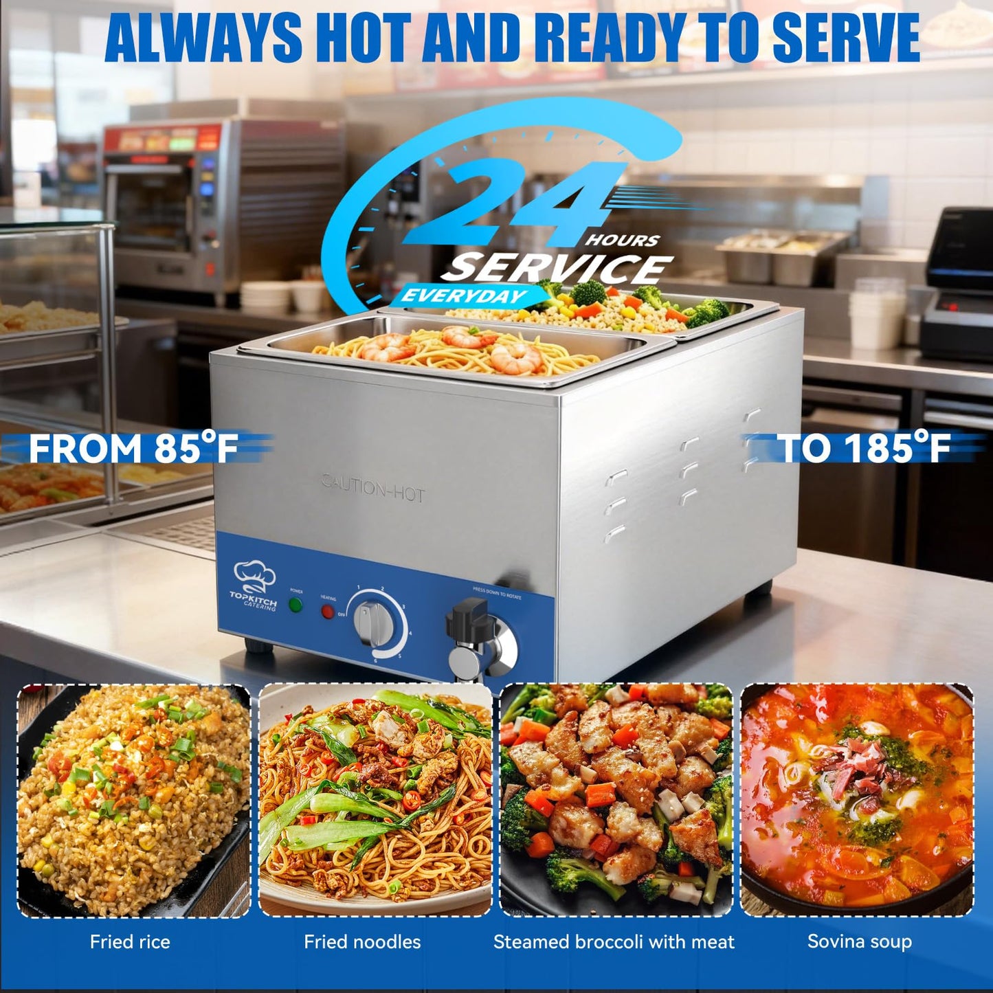 TOPKITCH 2-Pan Commercial Food Warmer with Non-Leakage Stretch-Forming Water Tank &2 of 1/2 Size GN Pan,Countertop Soup Station Bain Marie with Drain Tap for Buffet,Catering,Parties and Restaurants