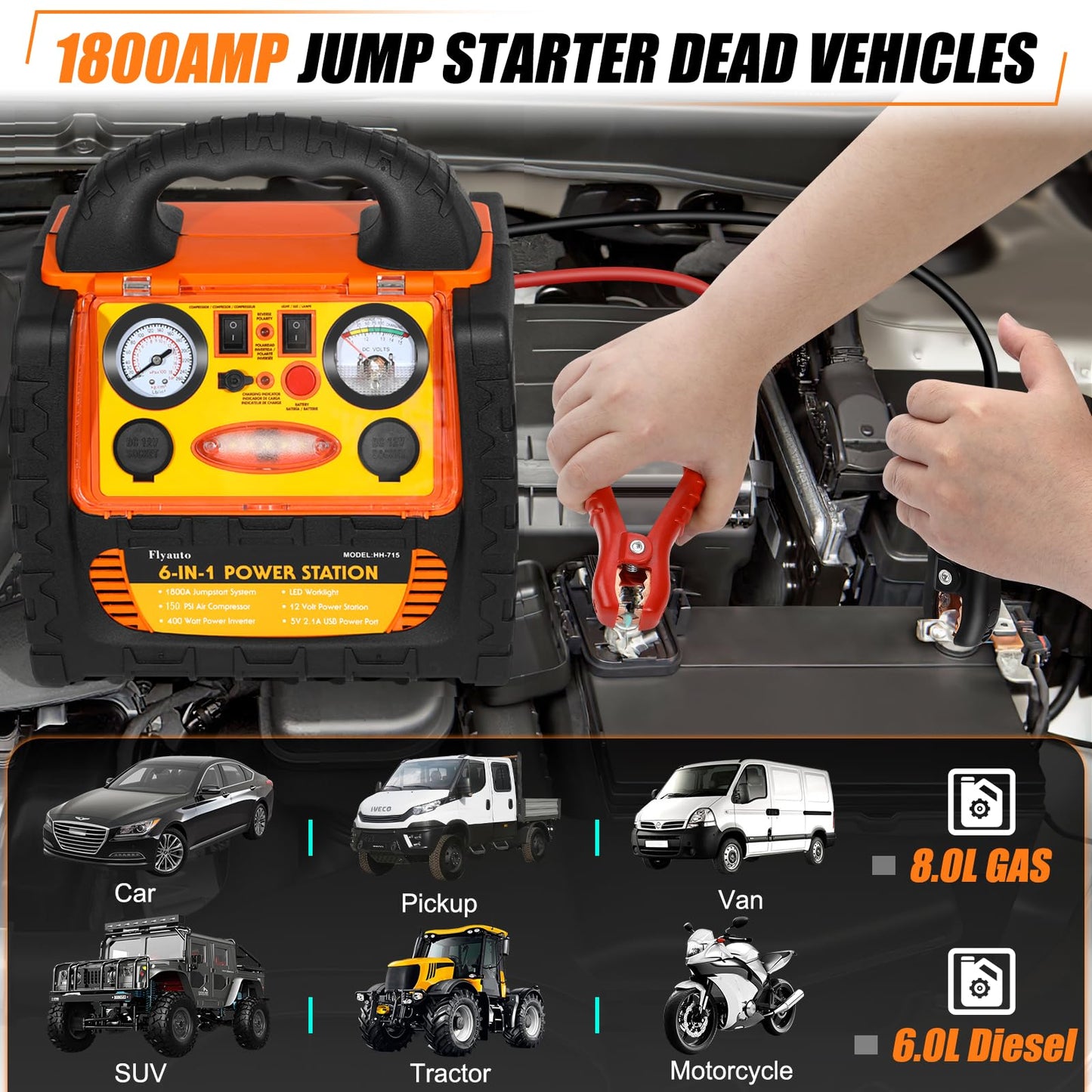 6 in 1 Jump Starter with Air Compressor 150 PSI Tire Inflator,Upgraded 1800A Peak 12V Portable Car Battery Jump Starter,400 Watt Inverter Power Station with AC/DC/USB Outlets (8.0L Gas/6L Diesel)