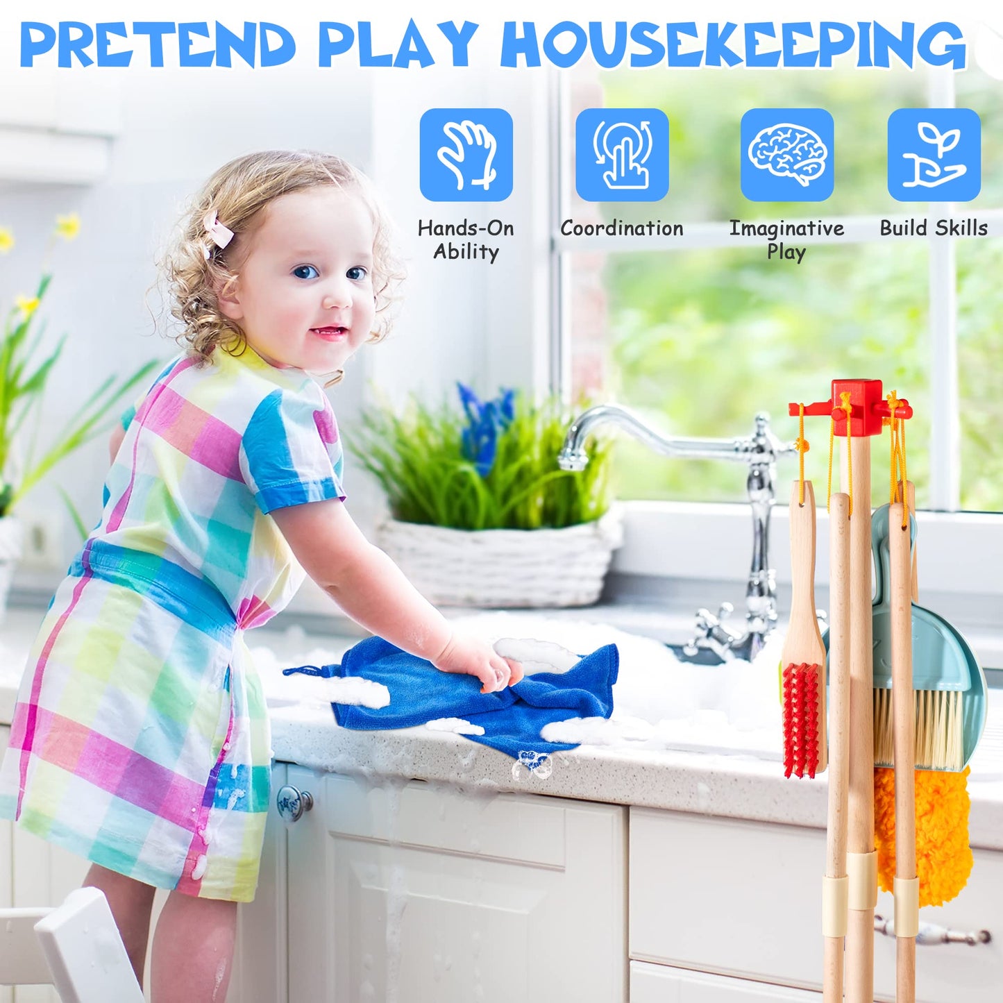 Wooden Kids Cleaning Set for Toddlers,8 Pieces Montessori Cleaning Toys with Kids Broom and Mop Set, Housework Pretend Play Toy Gift for Boys Girls Ages 3+