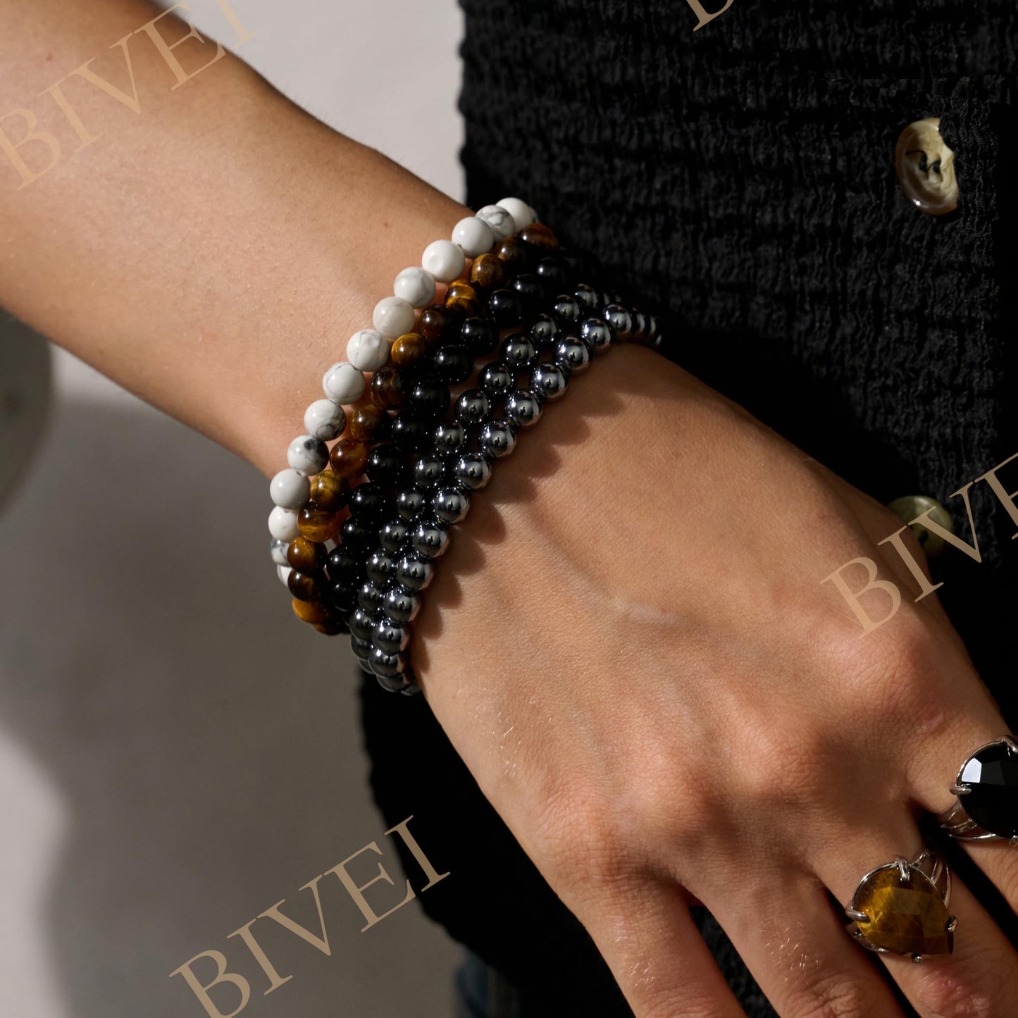Bivei Hematite - Mental Mastery - 6mm Beaded Bracelets for Women Handmade Semi Precious Natural Stone Stretch Elastic Jewelry for Women Yoga Protection Gifts
