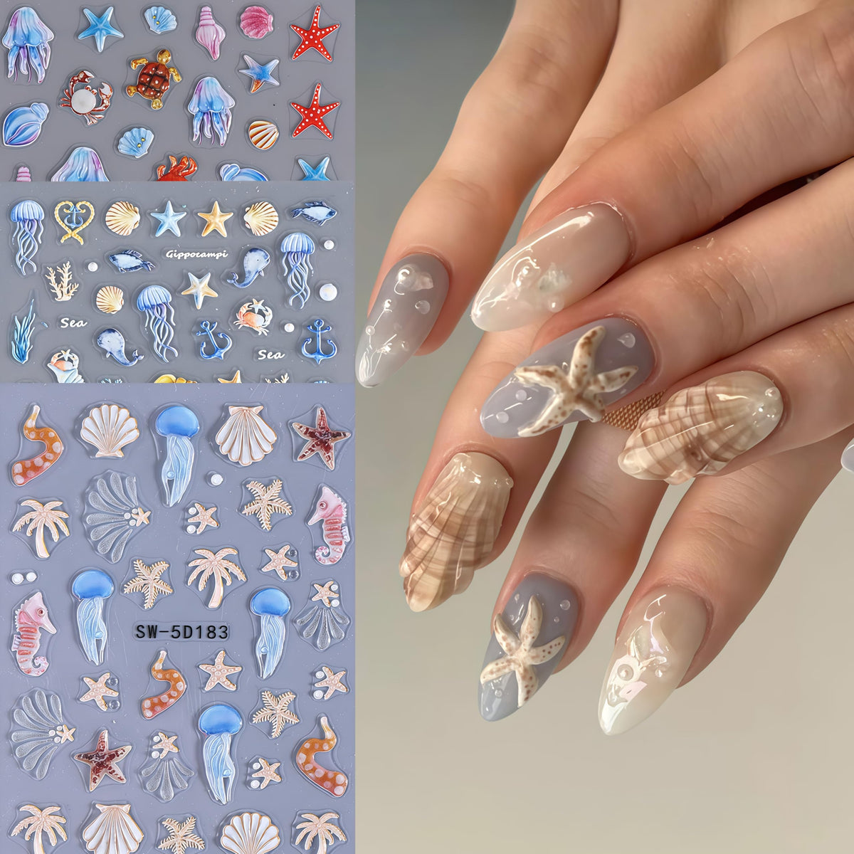 3 Pcs Summer Seashell Starfish Nail Art Stickers 5D Embossed Self-Adhesive Nail Decals Jellyfish Coconut Tree Seahorse Nail Design Summer Sea Theme Nail Supplies Marine Life Nail Decorations for Women