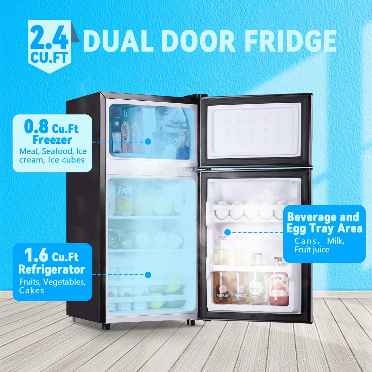TACOOL Mini Fridge with Freezer 2.4 Cu.ft Mini Refrigerator Double Doors Dorm Fridge Compact 7 Modes Temp Suit for Apartment Bedroom Office Silver