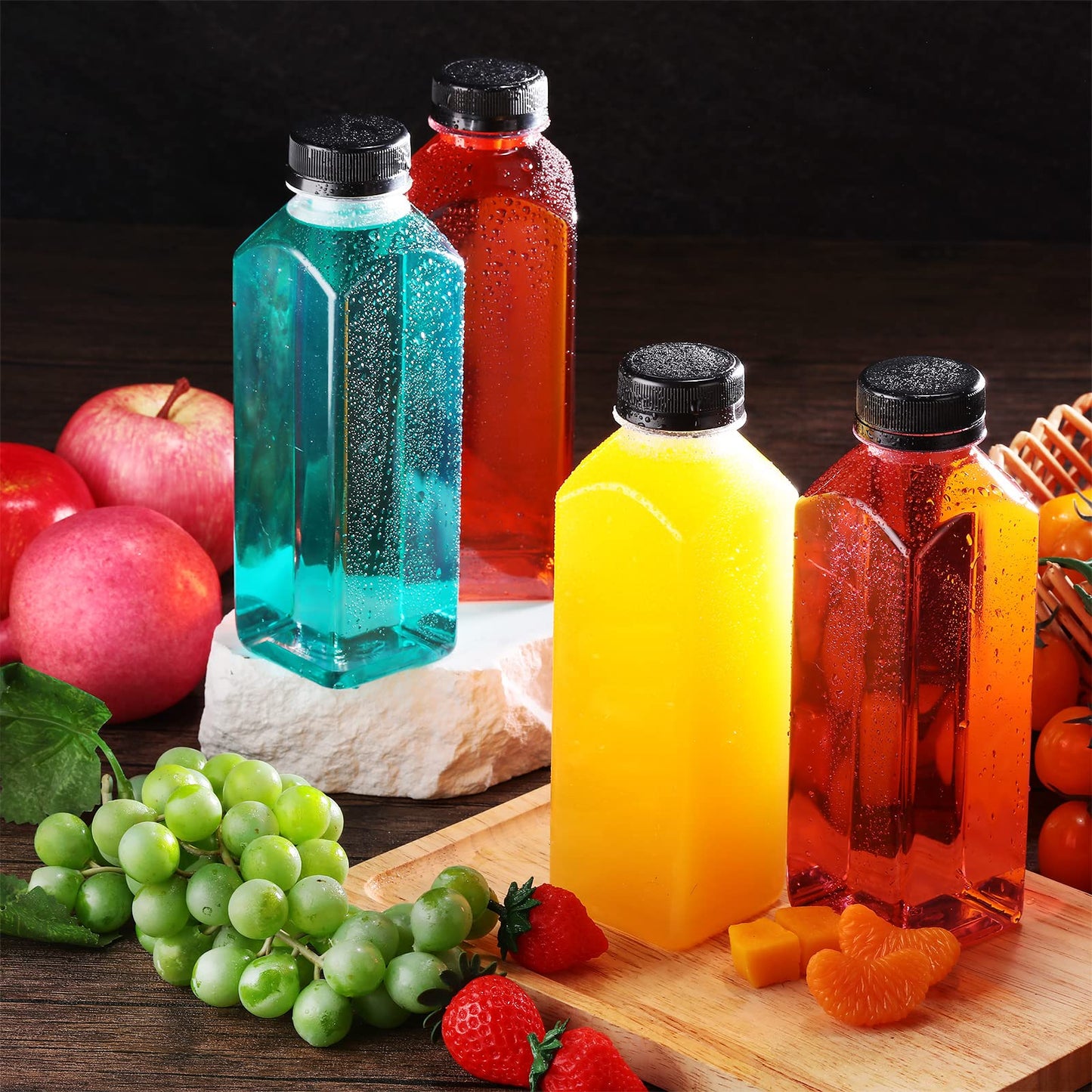 Xinnun 200 Pcs Plastic Juice Bottles with Caps Square Empty Clear Water Bottles Bulk Drinking Beverage Containers Reusable Empty Juicing Refillable PET Flasks with Lids for Drinks Smoothie(8oz,Black)