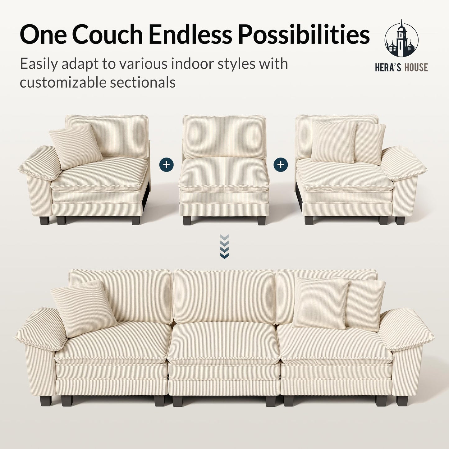 HERA'S HOUSE 124" Modular Sectional Sofa, Oversized L Shaped Couches for Living Room, Comfy Cloud Couch with Ottoman, 4-Seater Deep Seat Sofa with Throw Pillow, Corduroy Beige